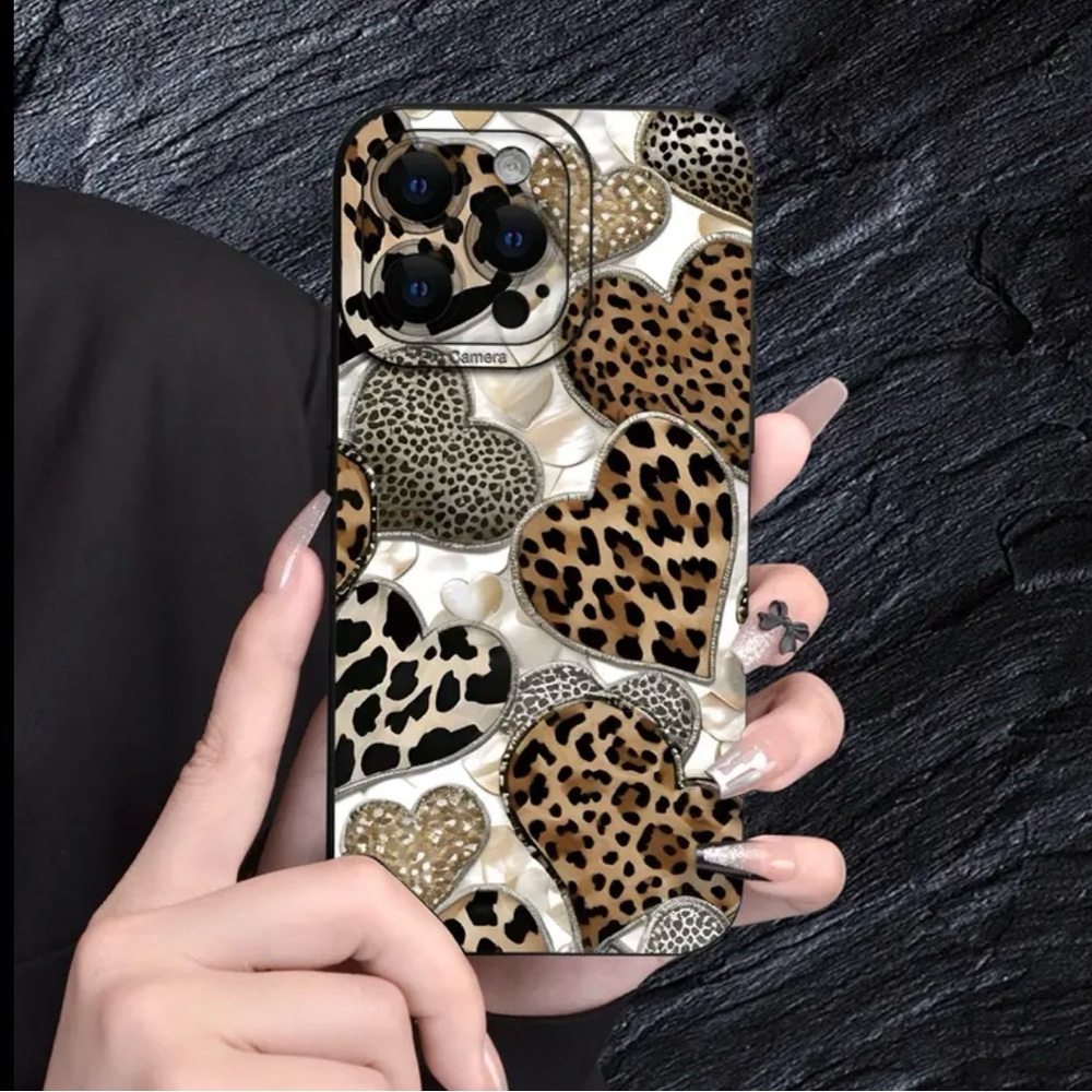Apple iPhone Phone Case Hearts with Animal Print Pattern Black TPU Case
